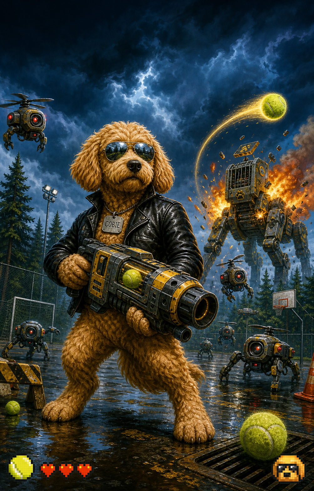 Cobie, a heroic labradoodle, defending a stormy sports field from robots